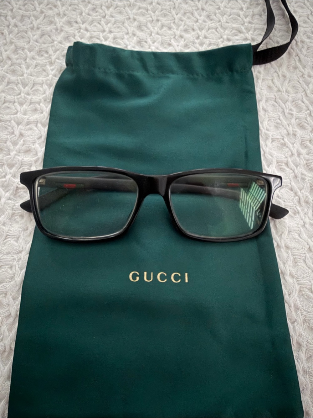 Gucci Black Rectangular Glasses with Green Drawstring Pouch
